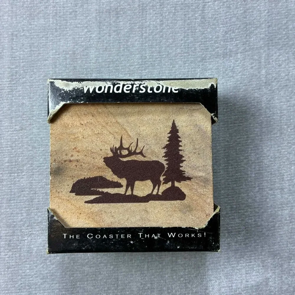 Set of 4 Rustic Moose Wildlife Ceramic Coasters - Absorbent Stone Cork Back NIB
